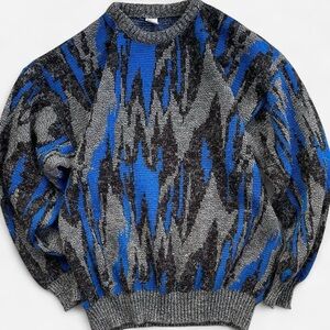 Vintage Santana Ltd. Retro Funky Abstract Blue Gray Black Knit 80s Sweater